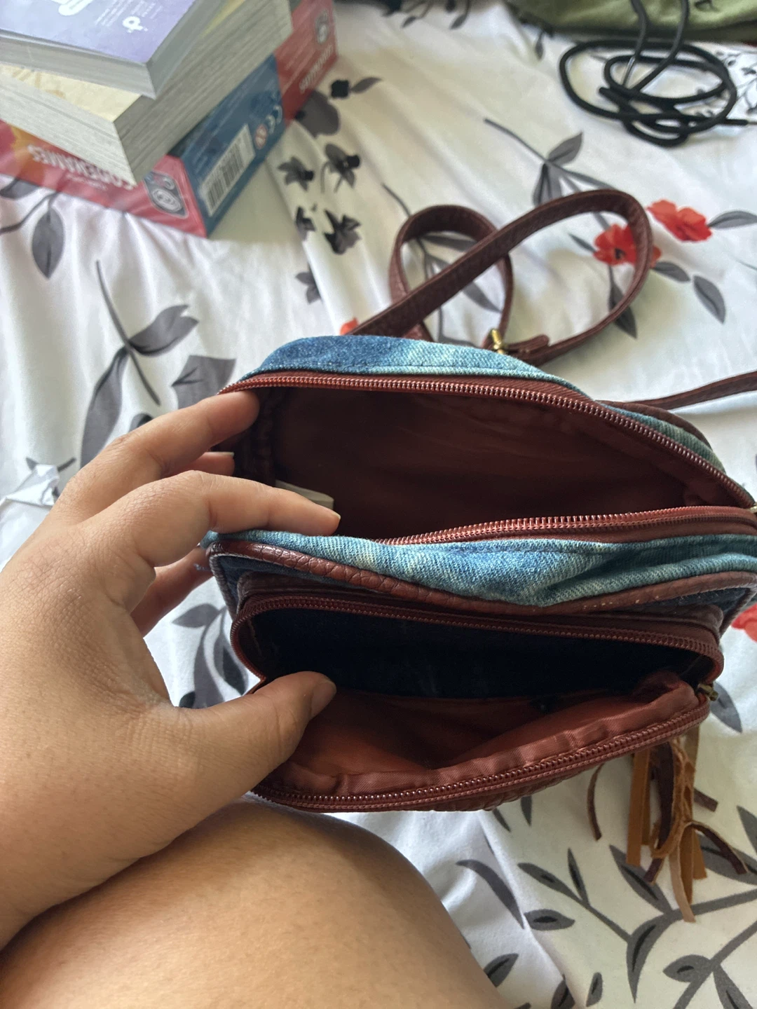 Denim and Brown Faux Leather Crossbody Bag - photo 2