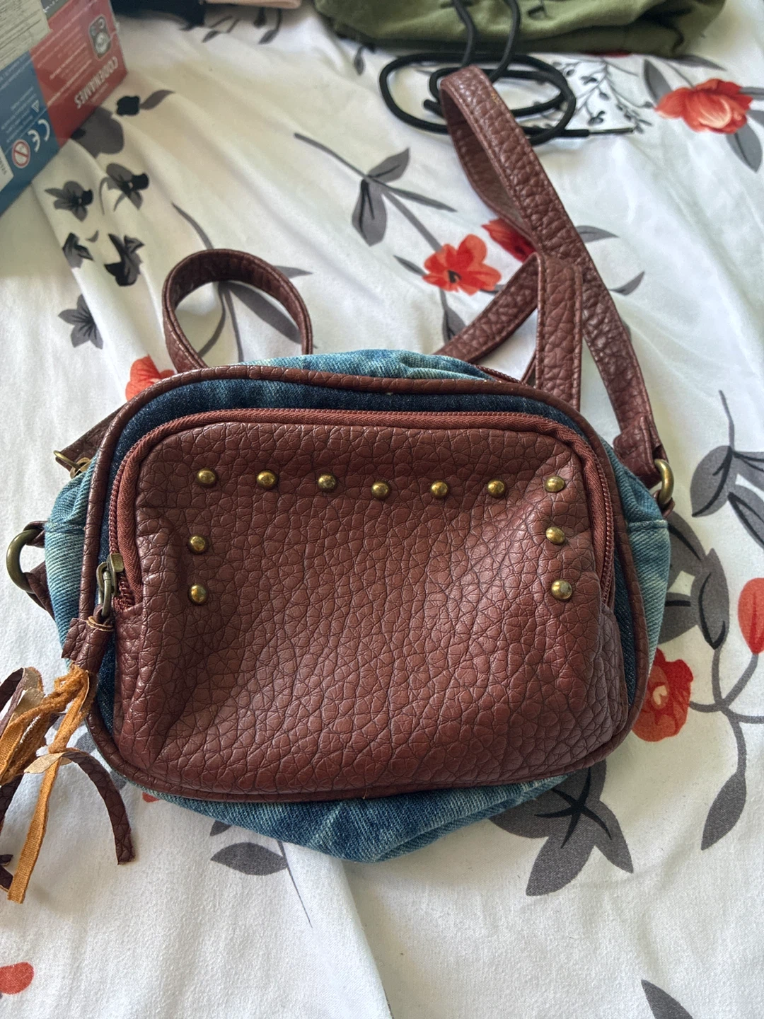 Denim and Brown Faux Leather Crossbody Bag