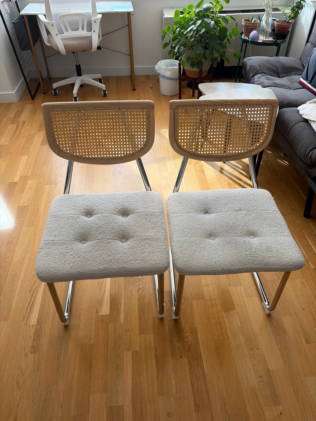 Set of 2 Boucle Upholstered Cane Back Dining Chairs