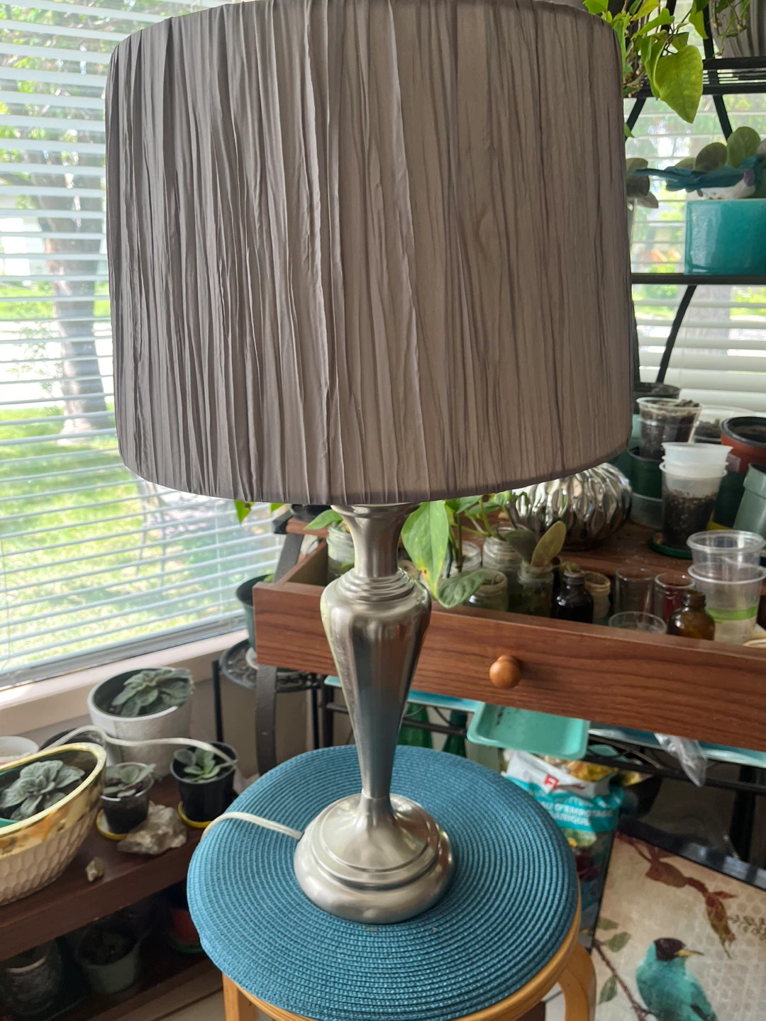 Silver Table Lamp with Grey Pleated Shade - photo 3