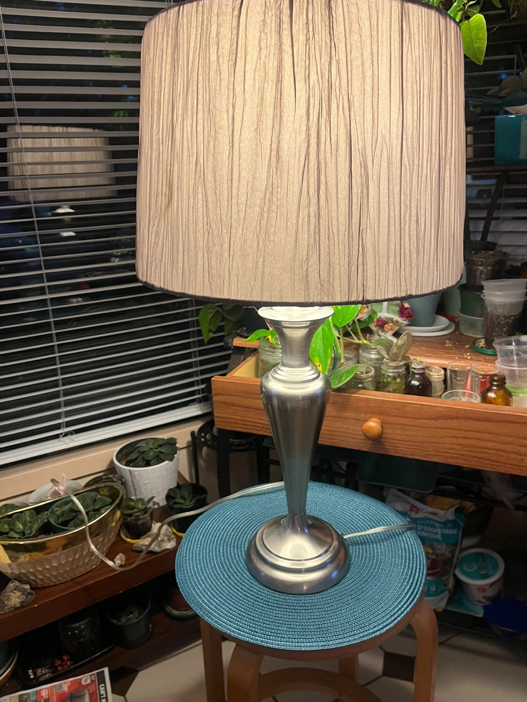 Silver Table Lamp with Grey Pleated Shade