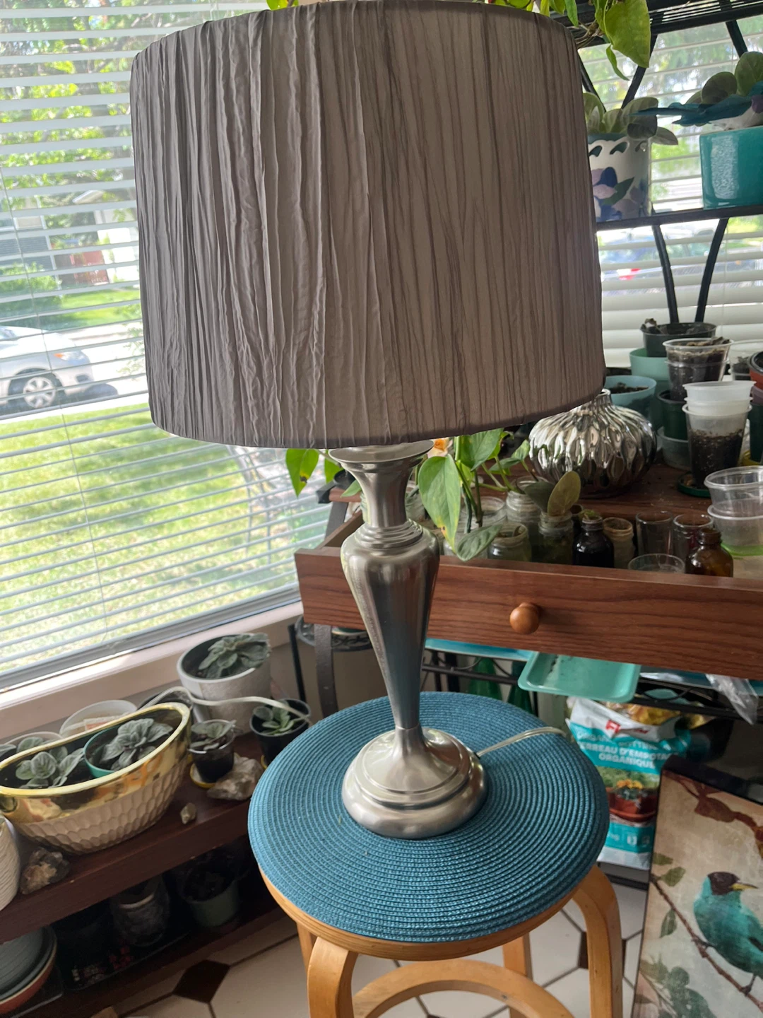 Silver Table Lamp with Grey Pleated Shade - photo 4
