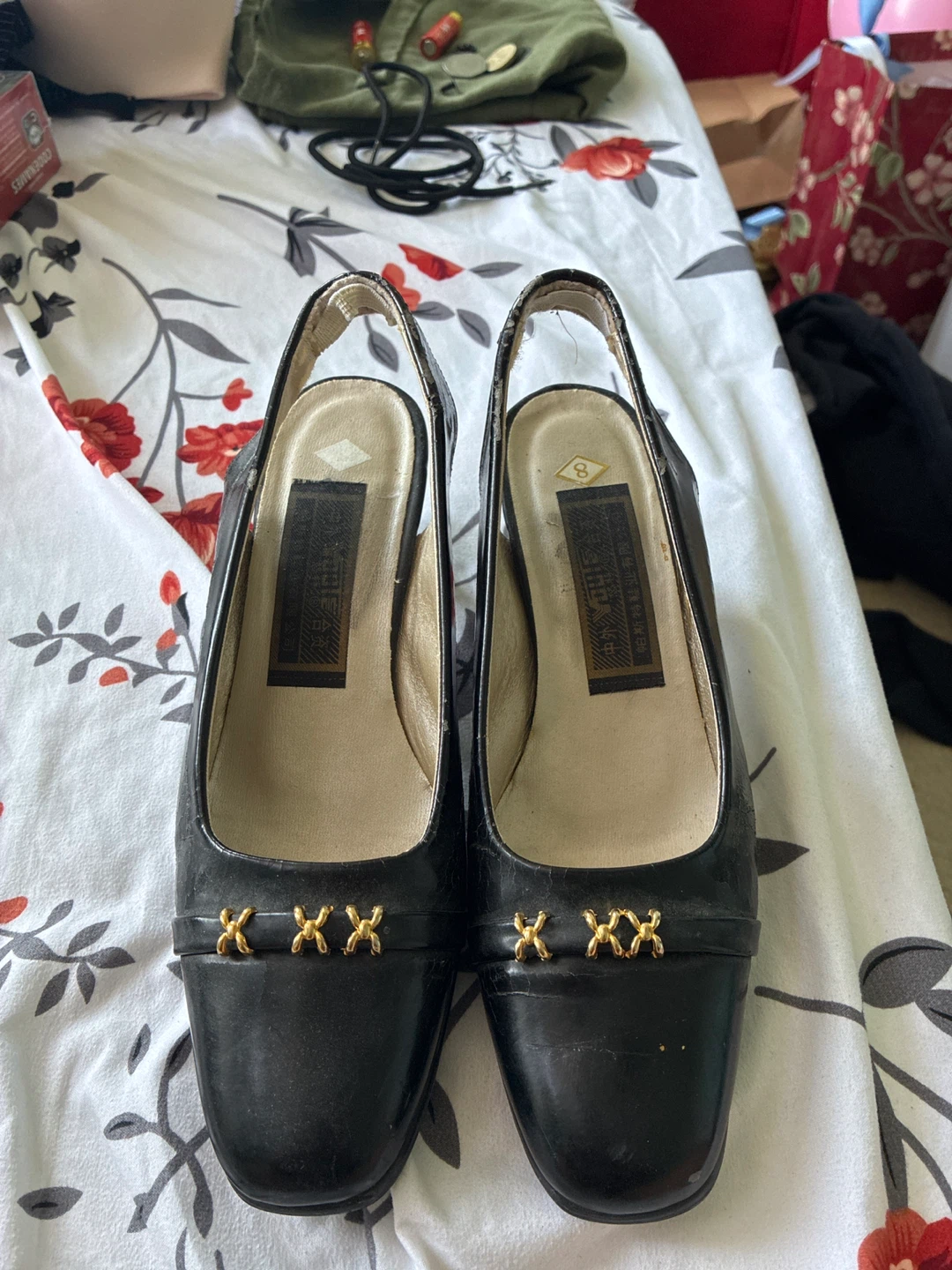 Black Slingback Heels with Gold Accent - Size 8