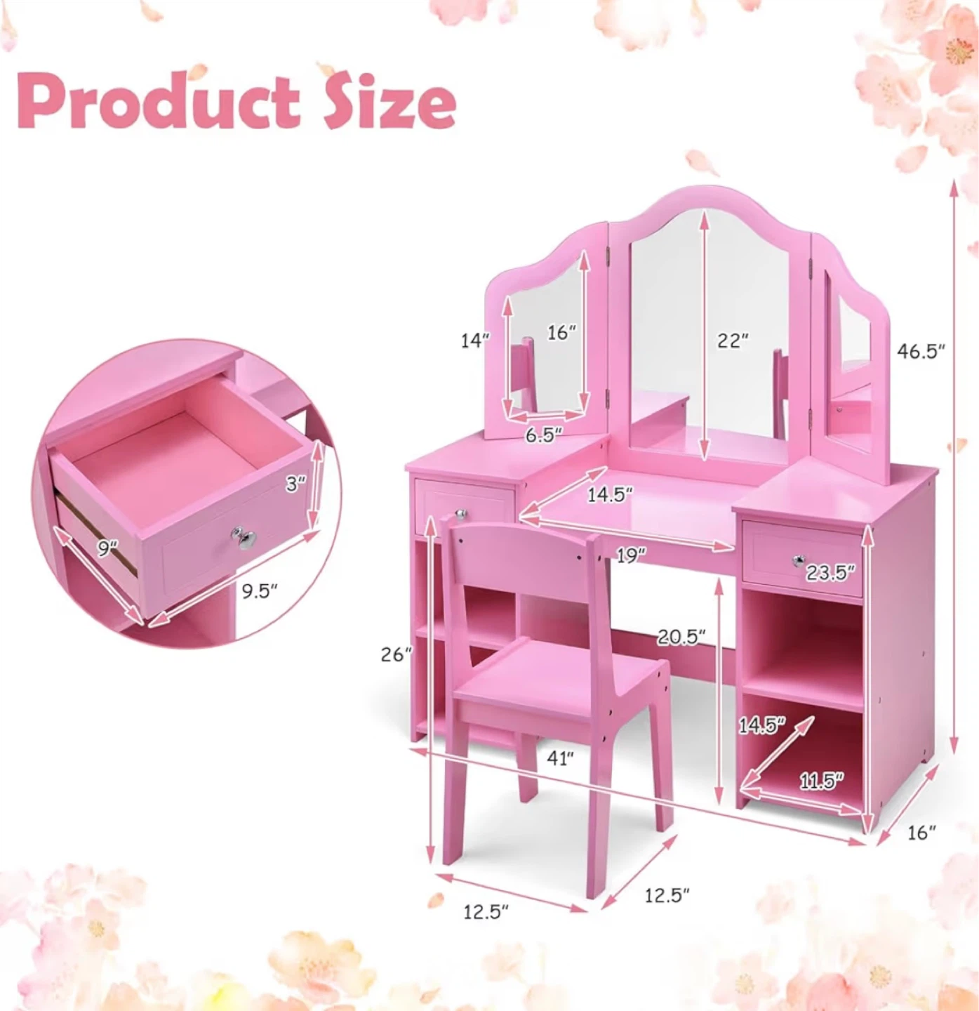 INFANS Pink Kids Vanity Desk and Chair Set - photo 3