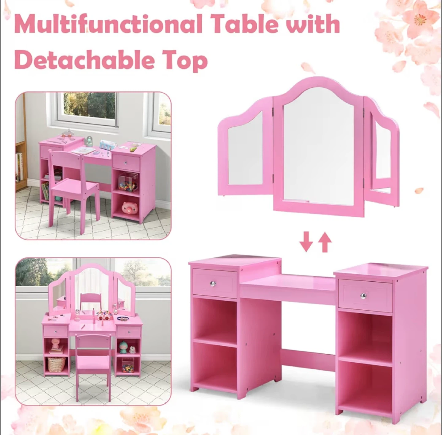 INFANS Pink Kids Vanity Desk and Chair Set - photo 2