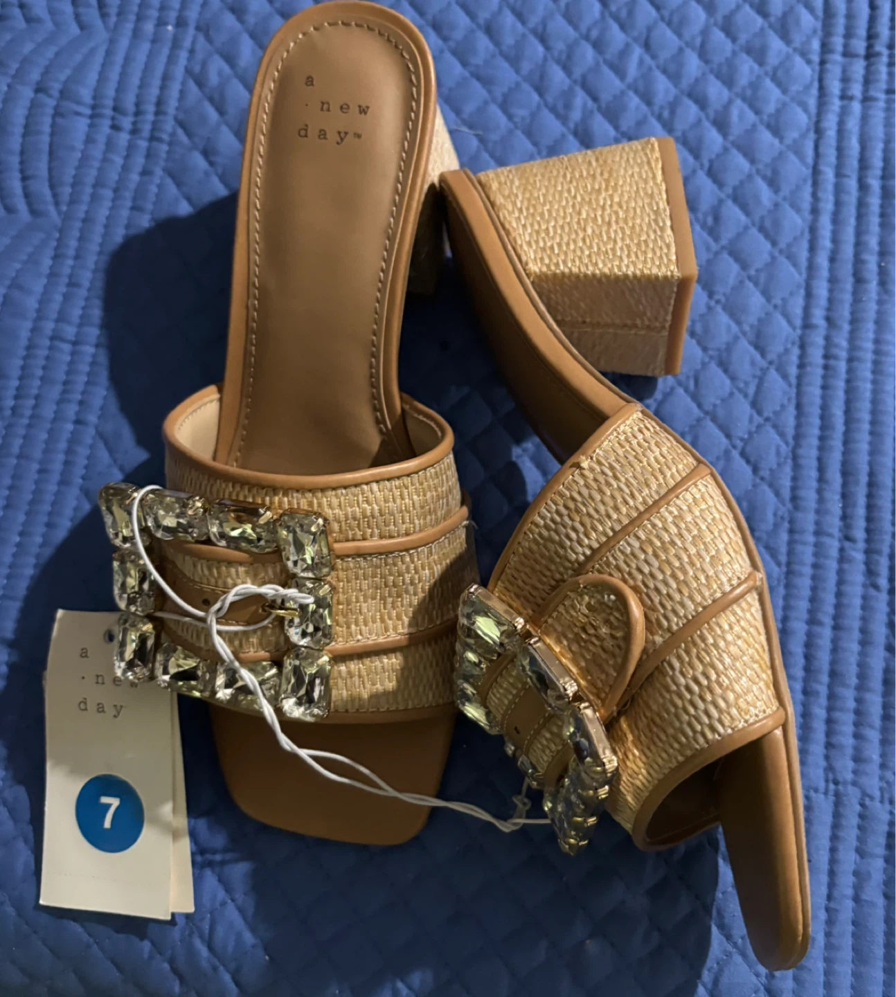 NEW-A New Day Embellished Heeled Slide Sandals Tan Size 7