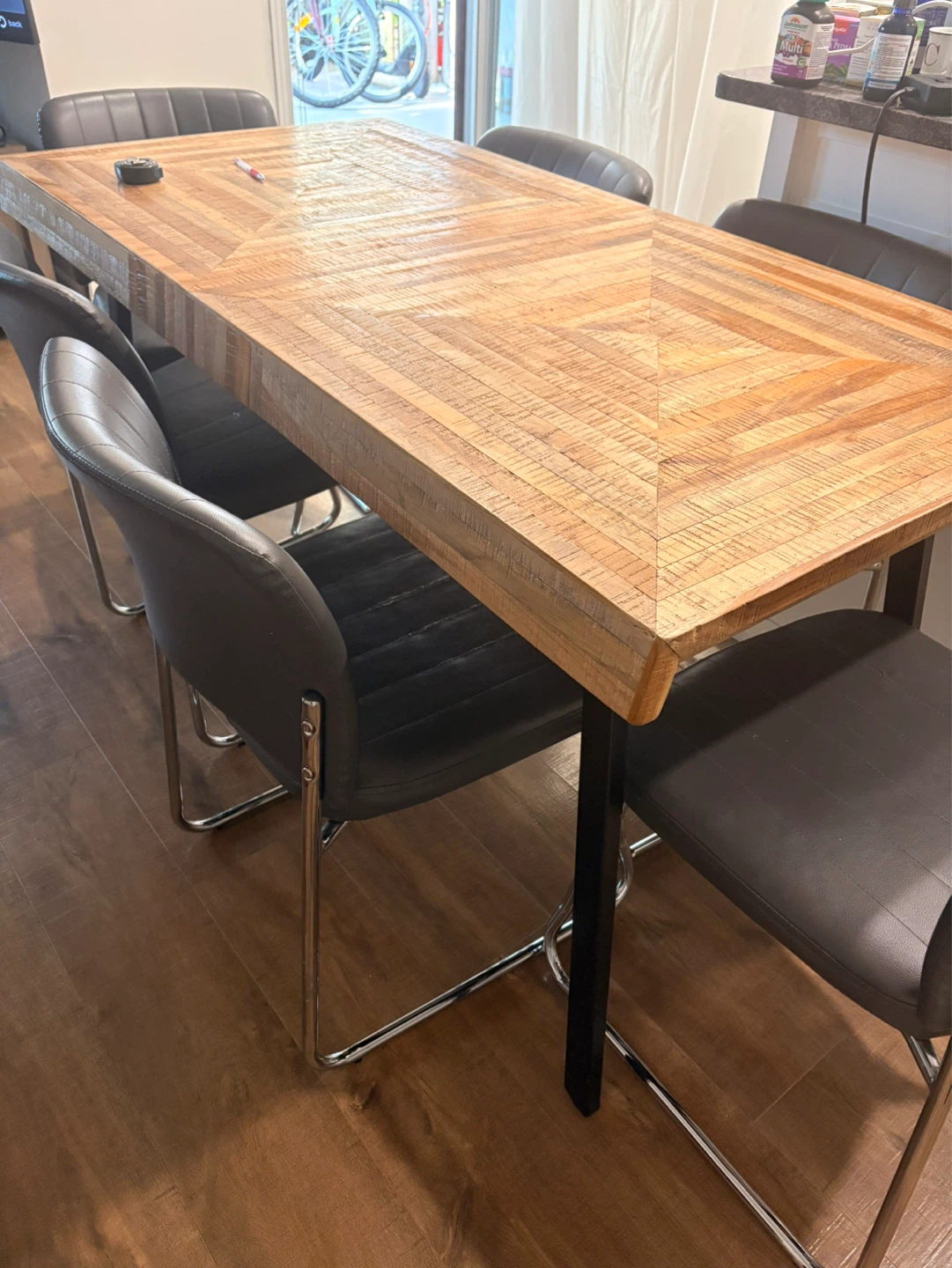 Wooden Dining Table with Geometric Pattern