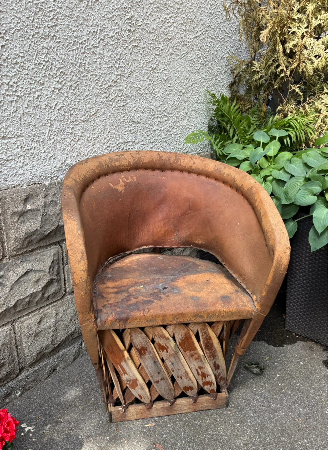 Planter vintage Mexican equipale chair AS IS garden tiki patio