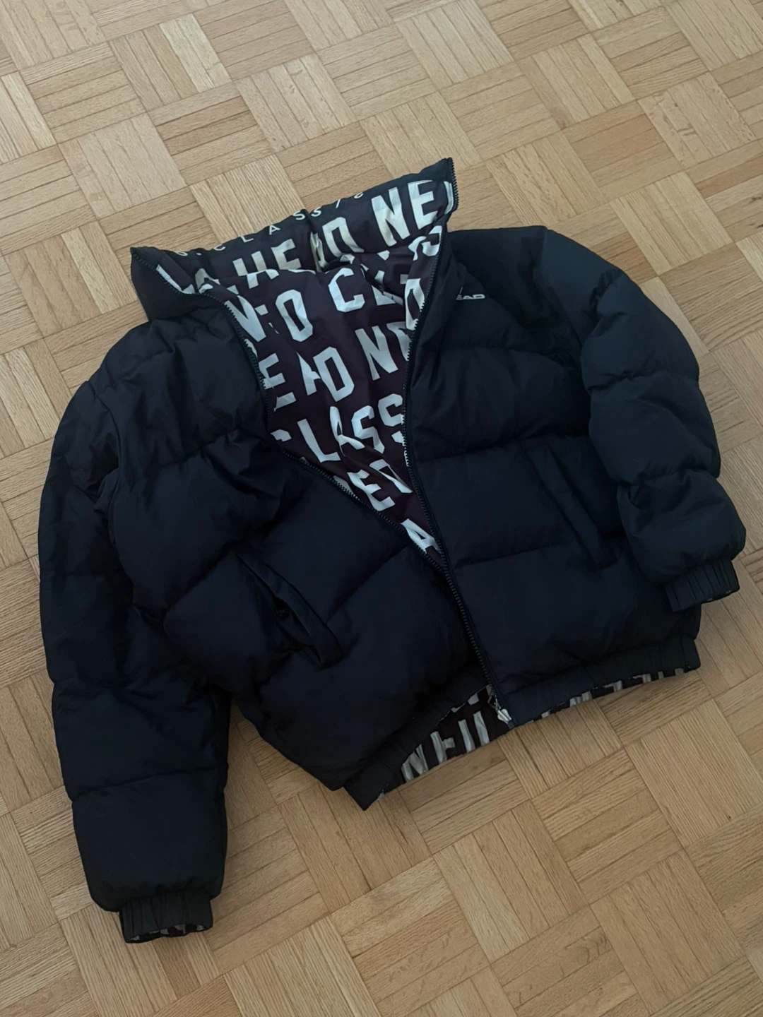 Reversible Black Down Puffer Jacket with Graphic Lining