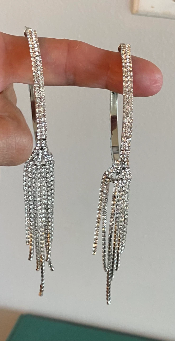 New Silver Hoop Earrings with Rhinestone Tassel Drop