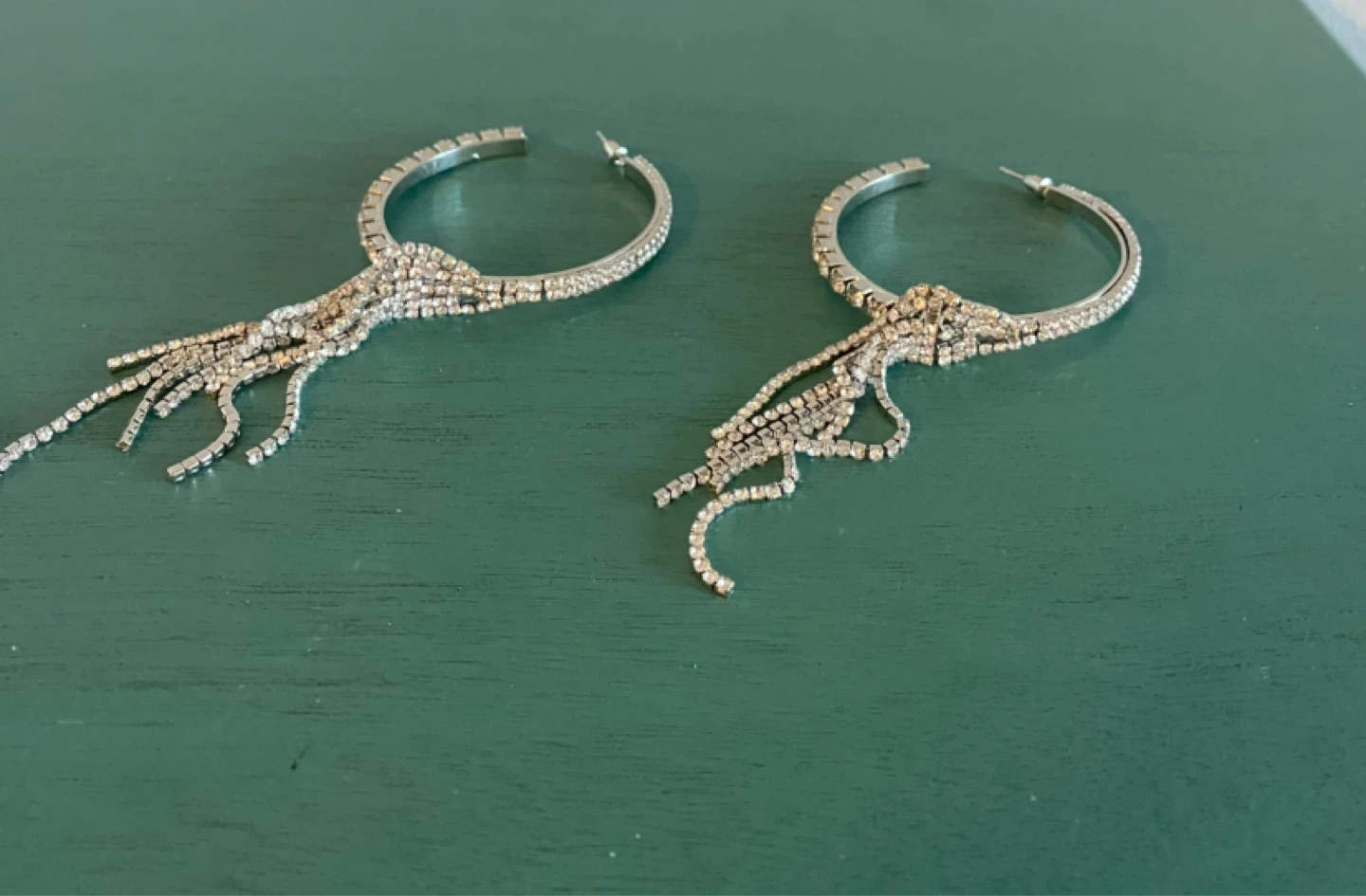 New Silver Hoop Earrings with Rhinestone Tassel Drop - photo 2
