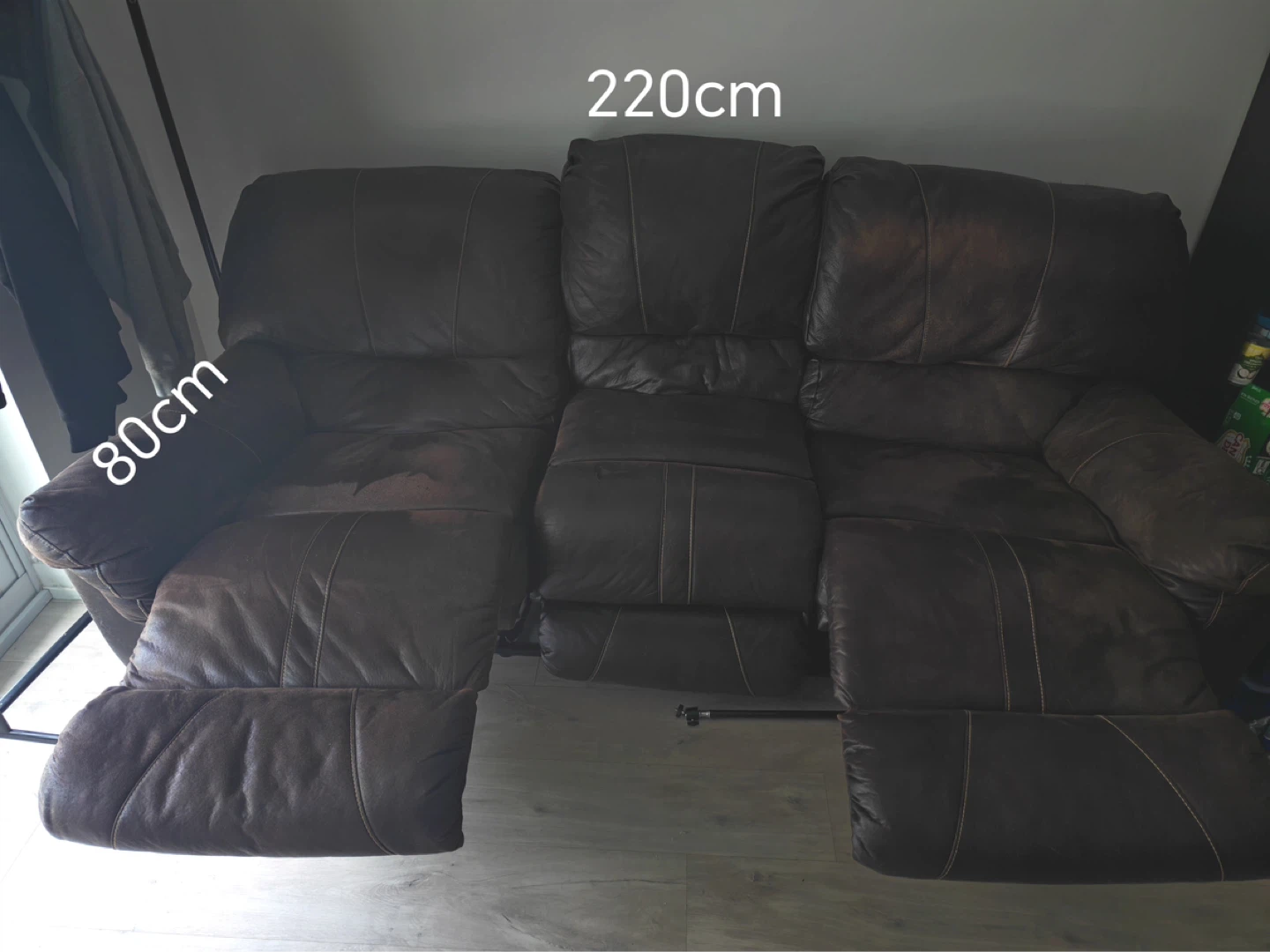 Moving Sale! Brown Leather Reclining Sofa/Couch - 3 Seater - photo 3