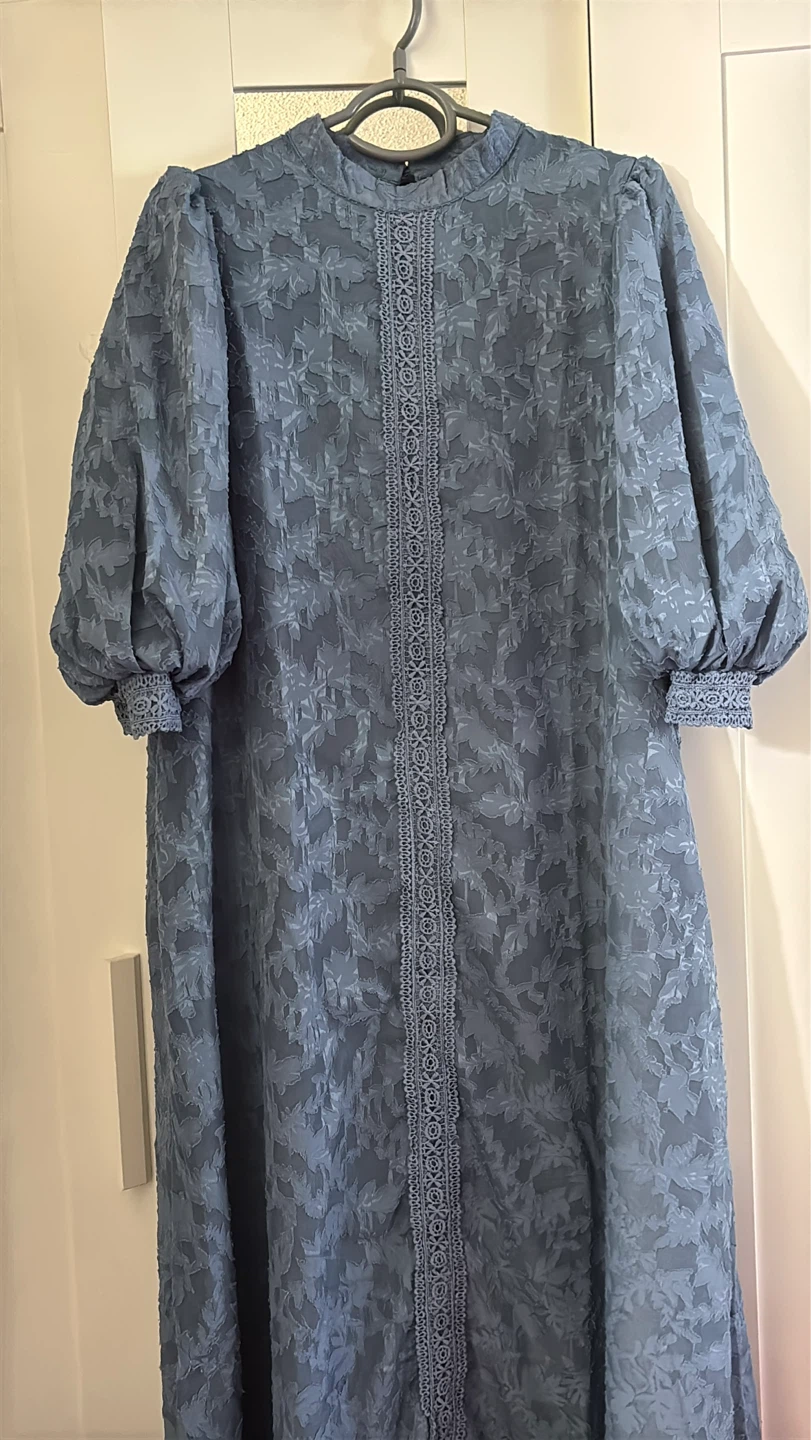 Blue Lace Trimmed Puff Sleeve Dress