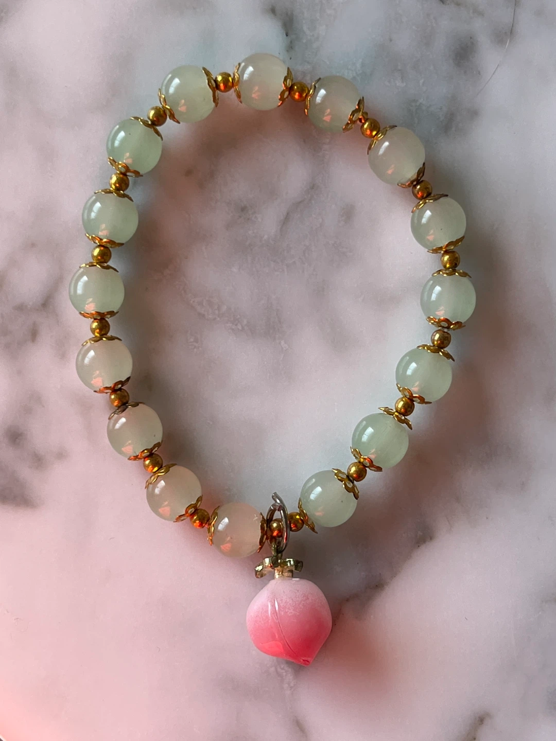 Beaded Jade-Style Bracelet with Pink Peach Charm