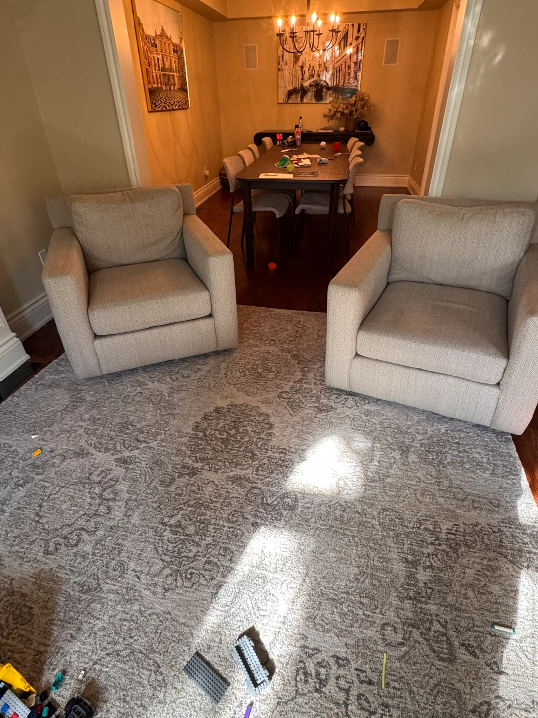 Pottery Barn Large Custom Herringbone Swivel Arm Chairs (2) - photo 2