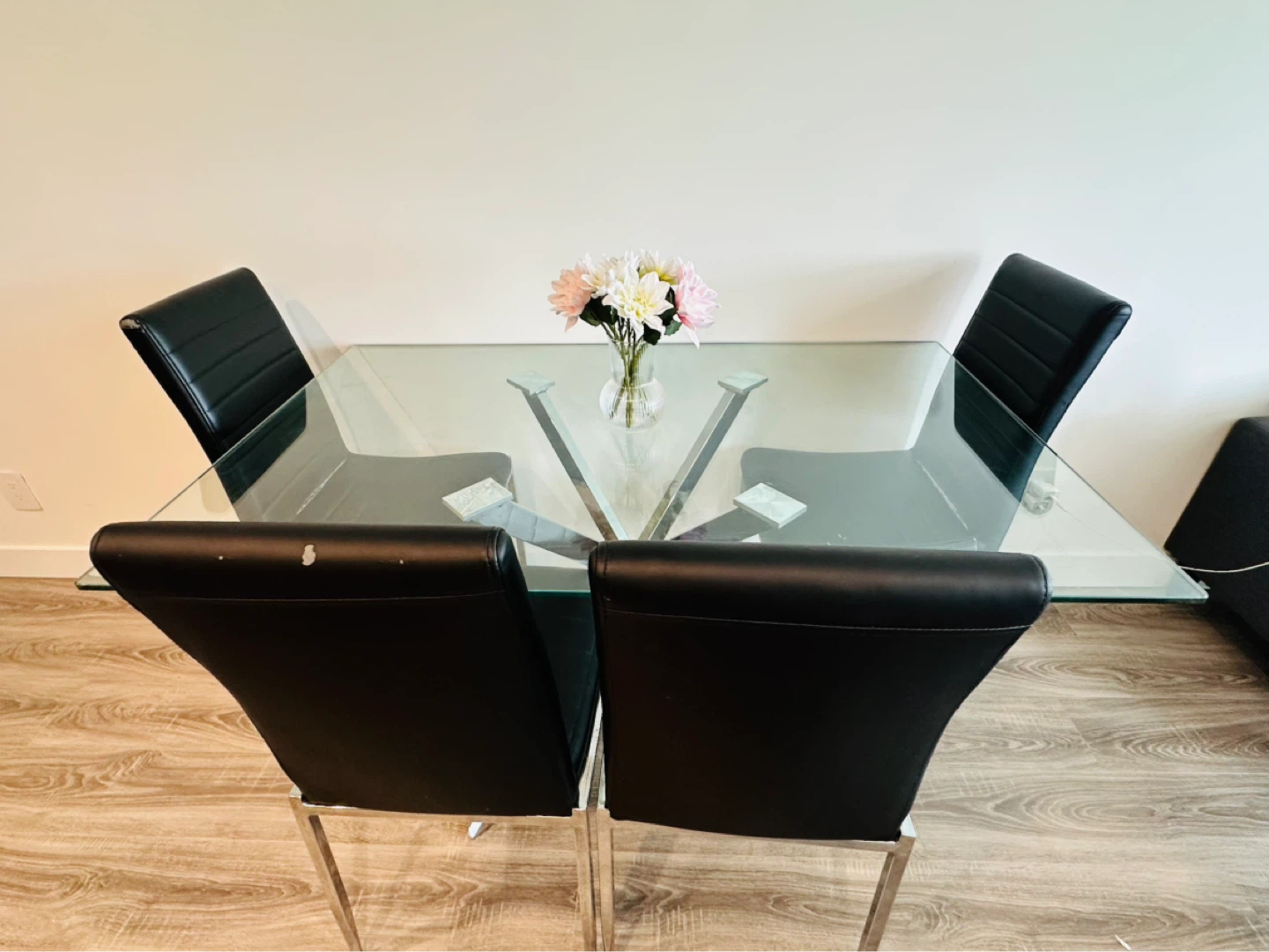 Glass Dining Table with 4 Black Chairs