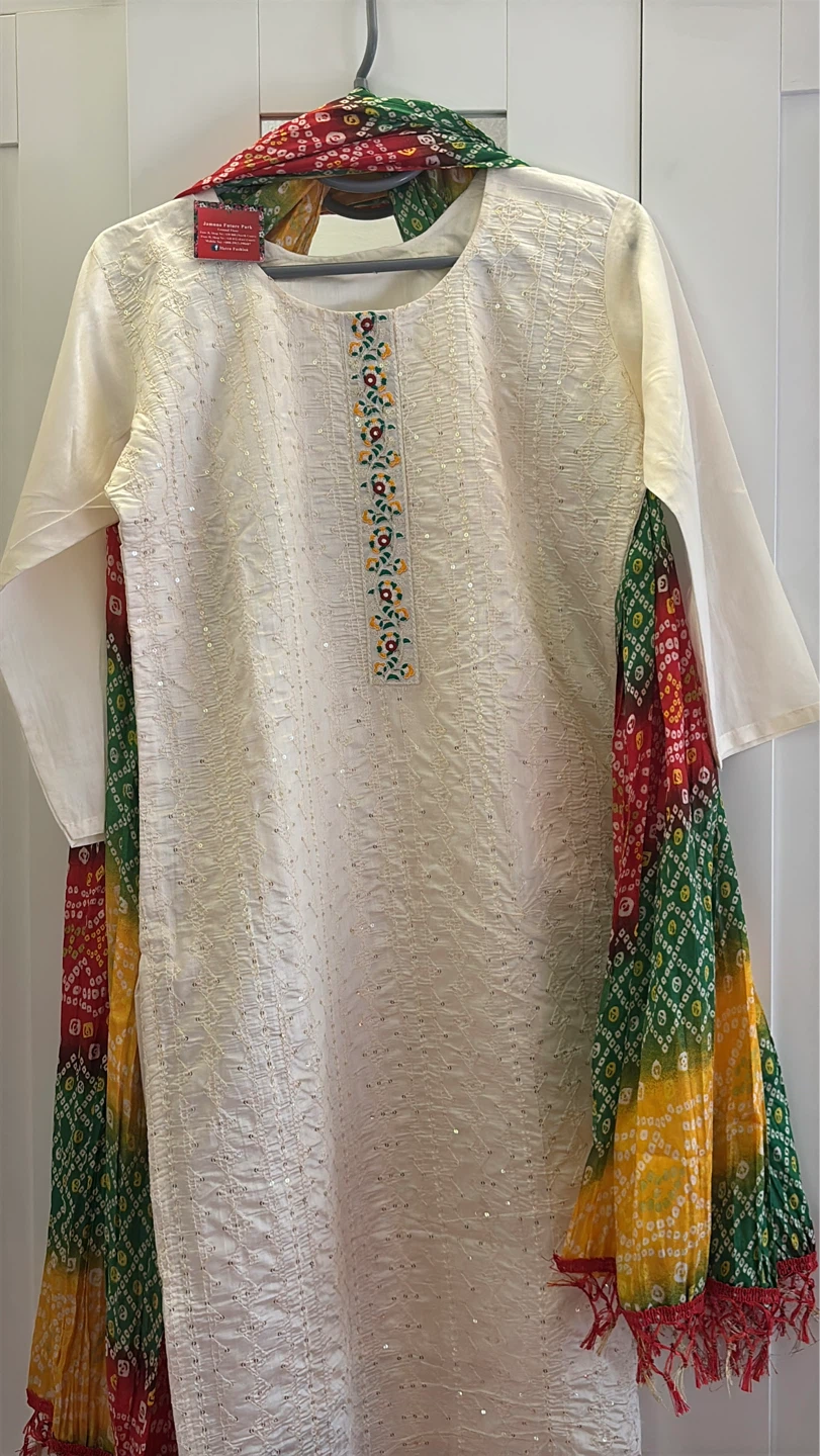 Cream Sequined Kurti with Colorful Scarf and Pants - photo 4
