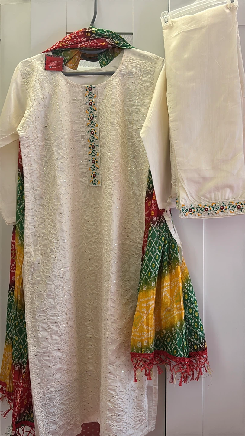 Cream Sequined Kurti with Colorful Scarf and Pants