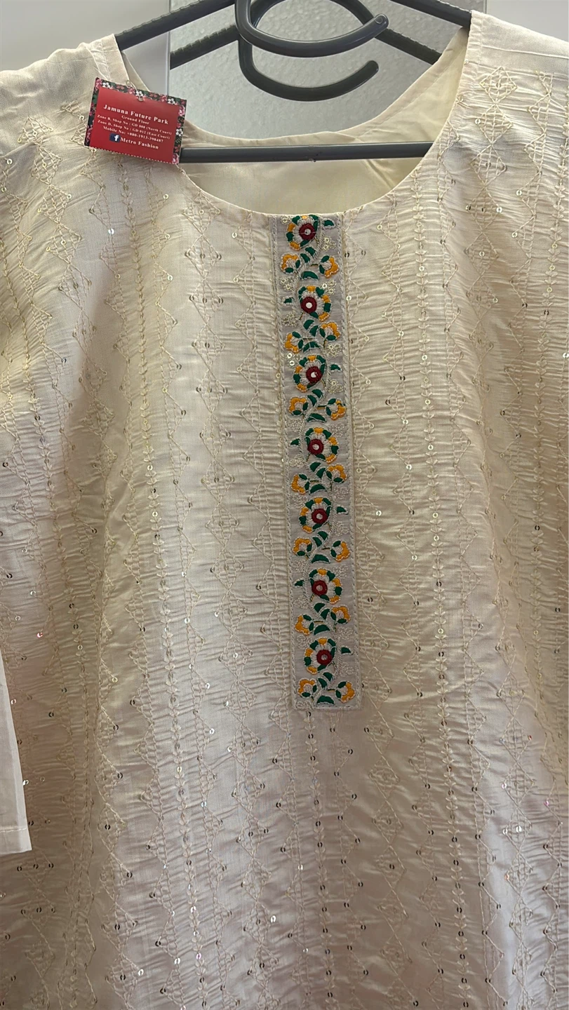 Cream Sequined Kurti with Colorful Scarf and Pants - photo 3