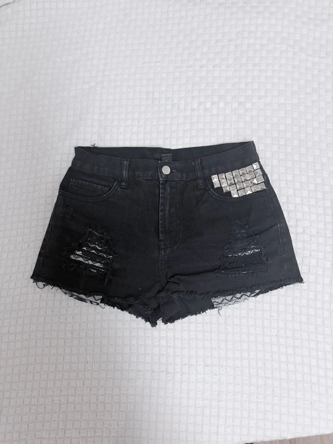 Forever 21 Black Studded Ripped Denim Shorts