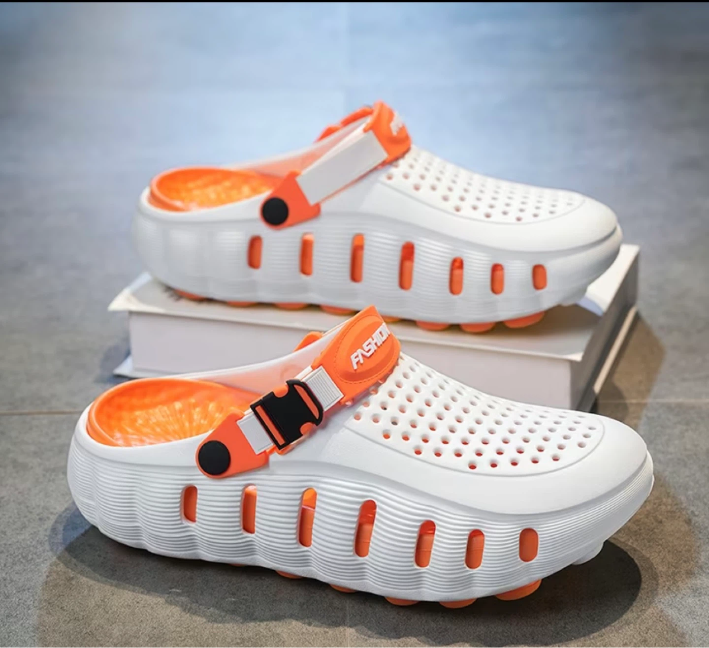 White and orange fashion clogs