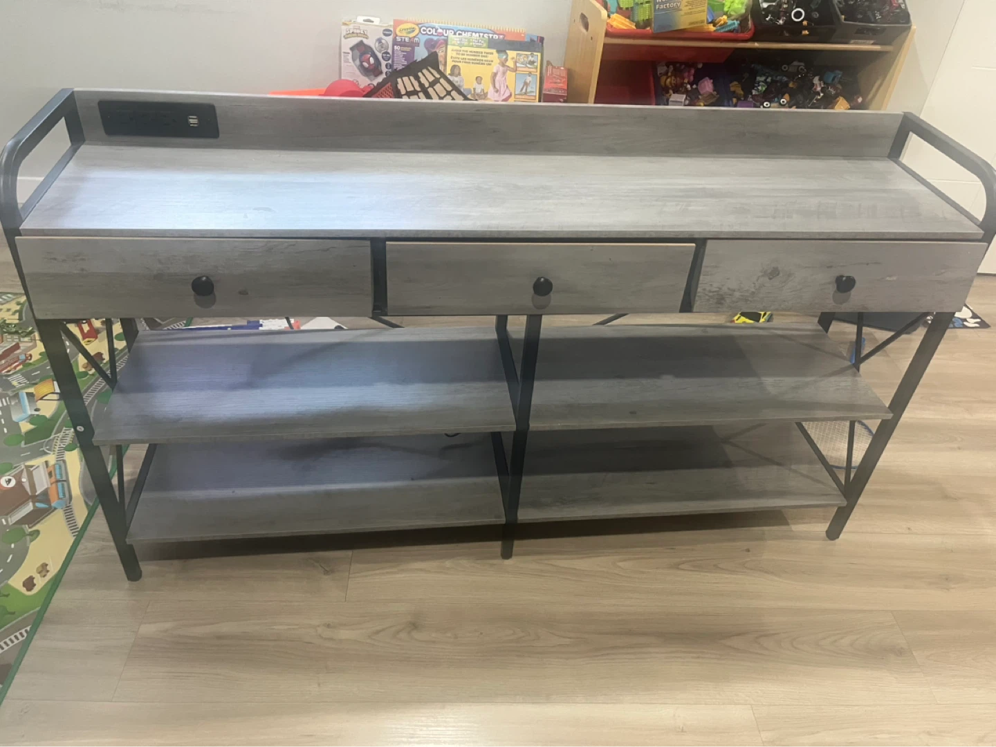 Grey Console Table with Drawers and Shelves