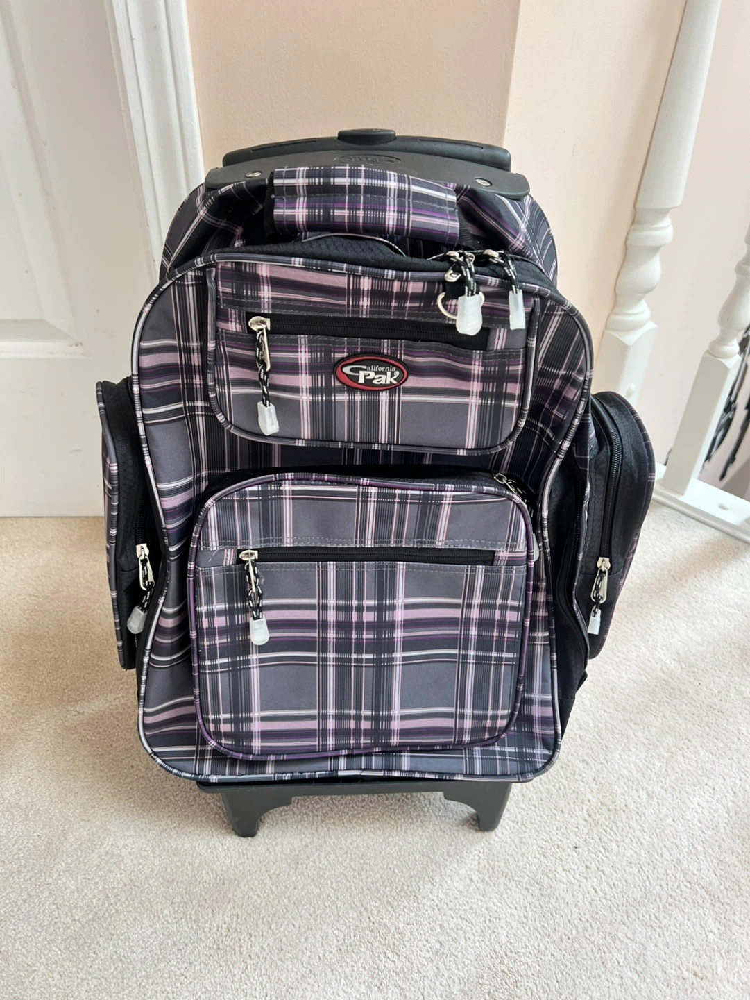 Rolling Backpack with Plaid Design