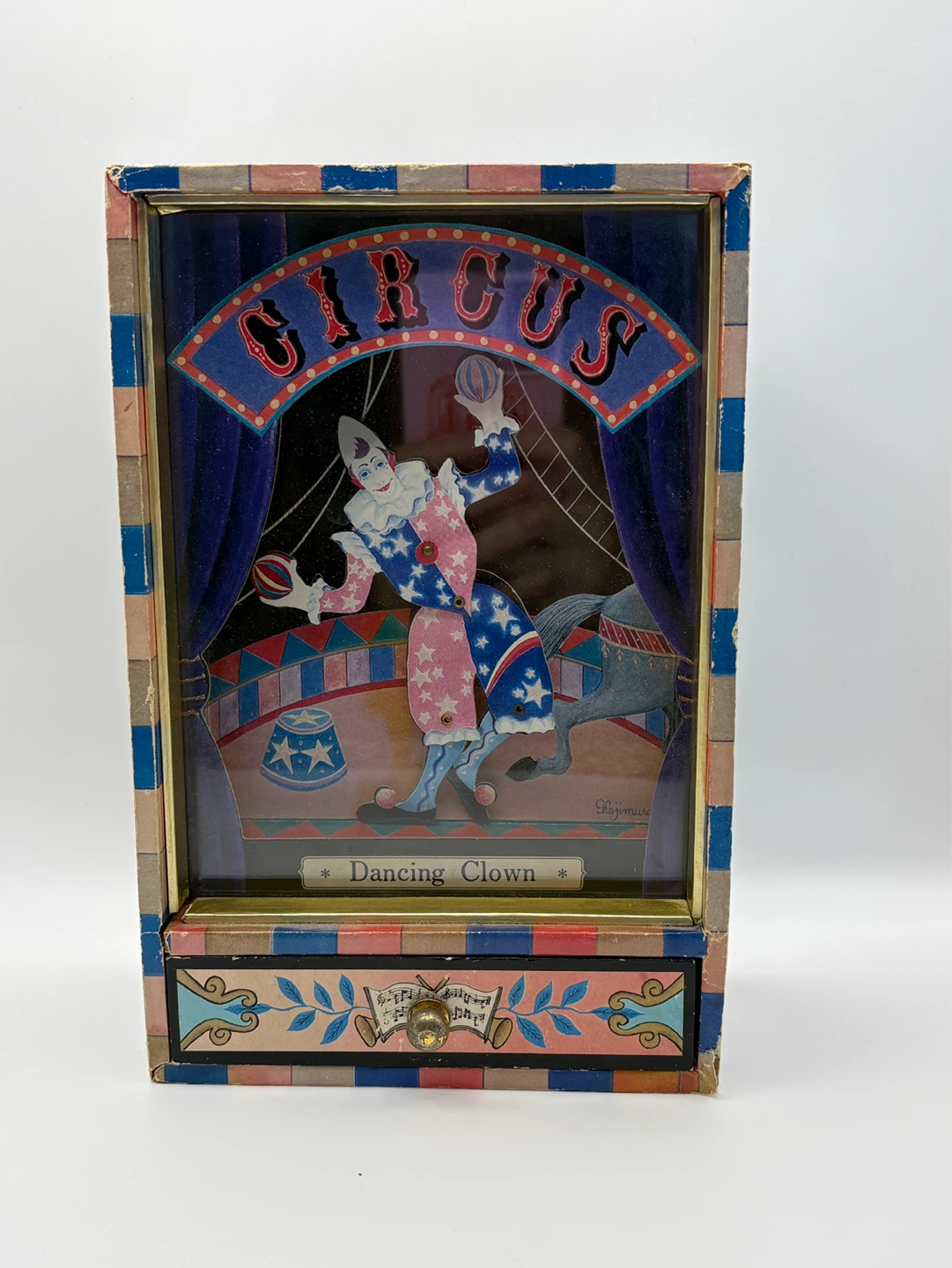 Vintage Circus Dancing Clown Music Box with Drawer