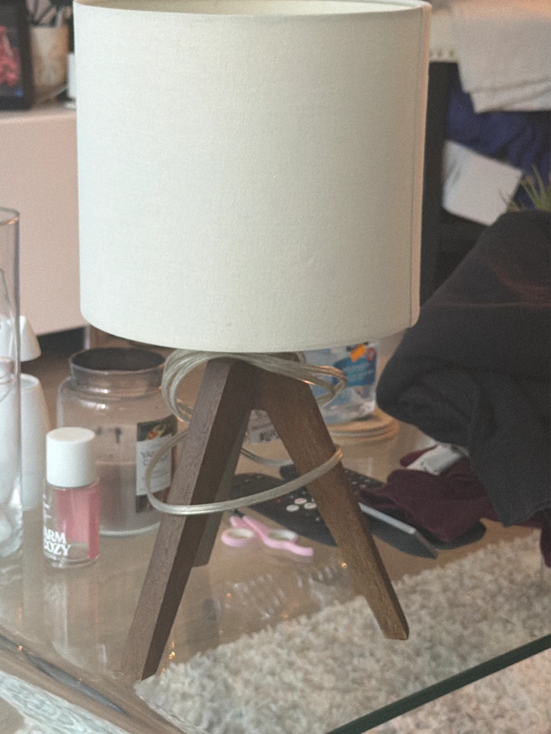 Wood Tripod Accent Lamp with White Drum Shade