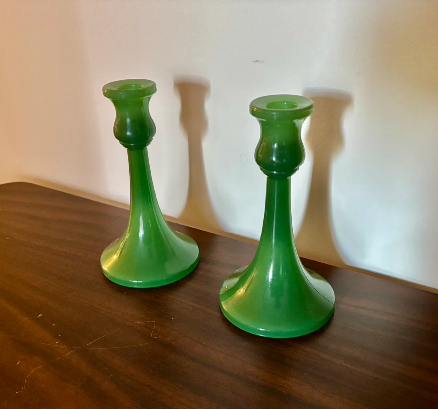 Rare Pair of Antique Central Glass Works Jadeite Candle Holder - photo 3