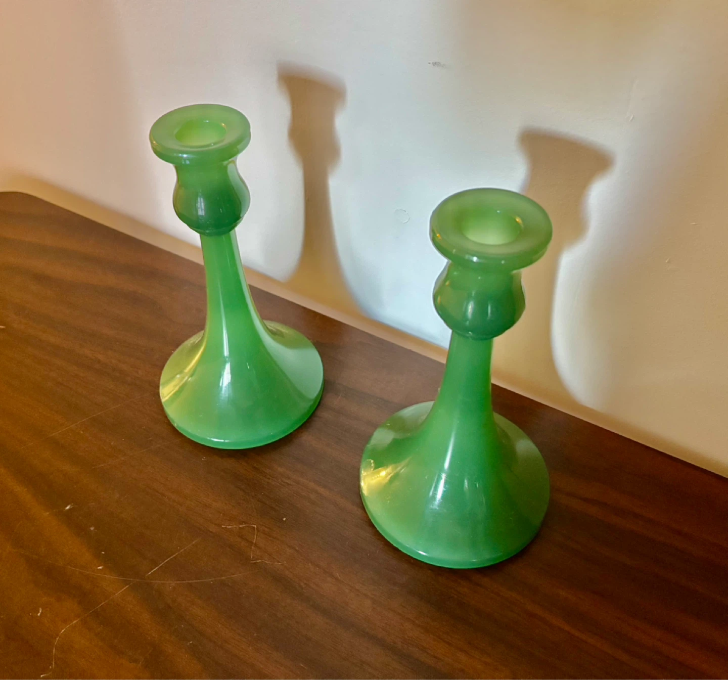 Rare Pair of Antique Central Glass Works Jadeite Candle Holder - photo 4