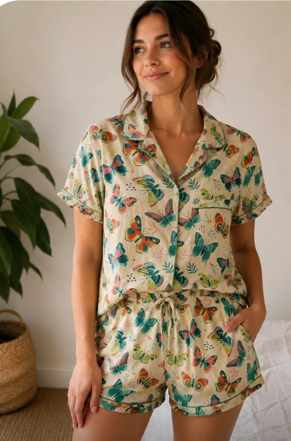 Short Sleeve Pajama Set with Butterfly Print