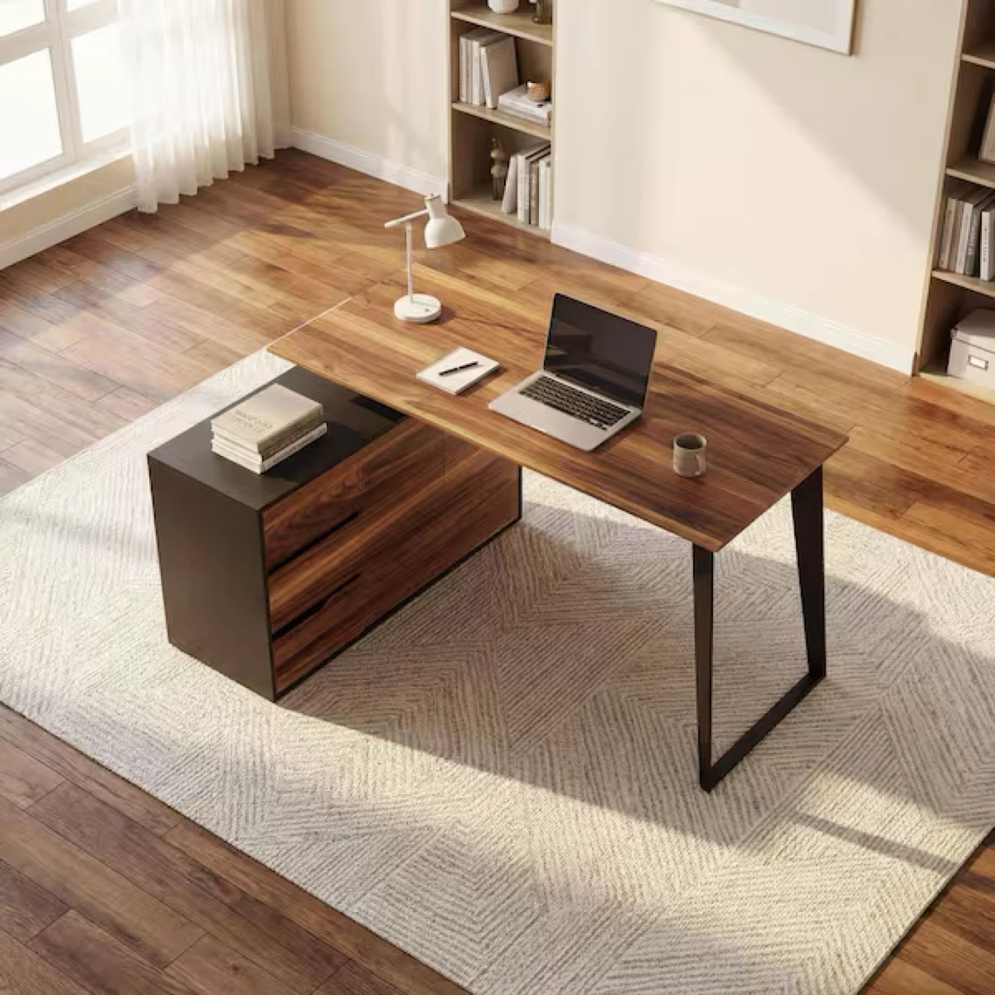 Modern L-Shaped Walnut and Black Desk with Drawers