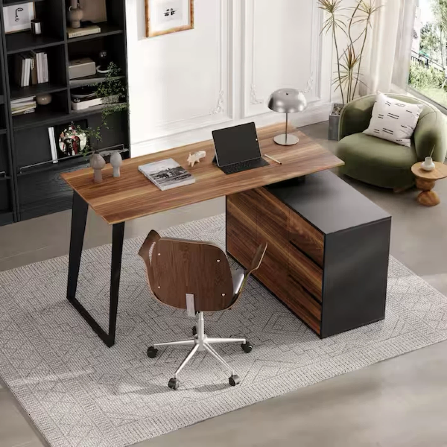 Modern L-Shaped Walnut and Black Desk with Drawers - photo 4