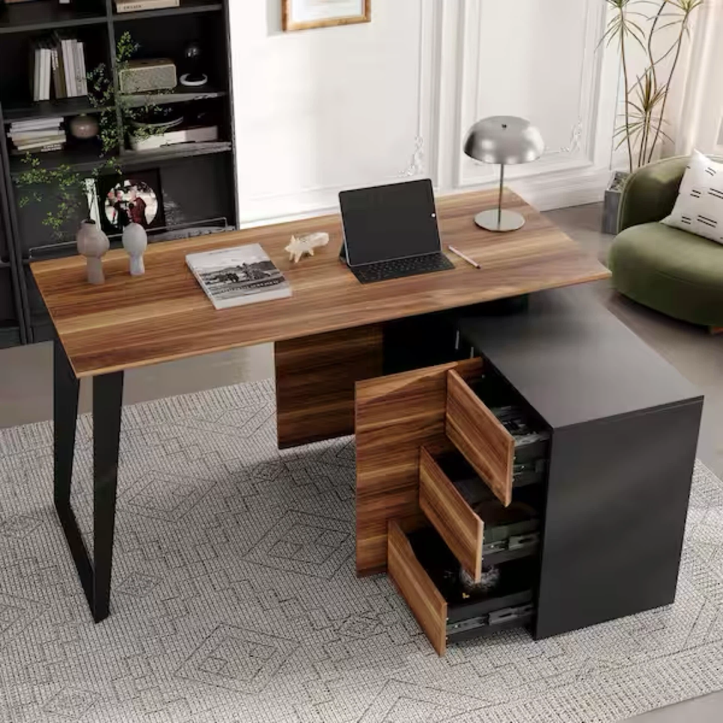 Modern L-Shaped Walnut and Black Desk with Drawers - photo 2