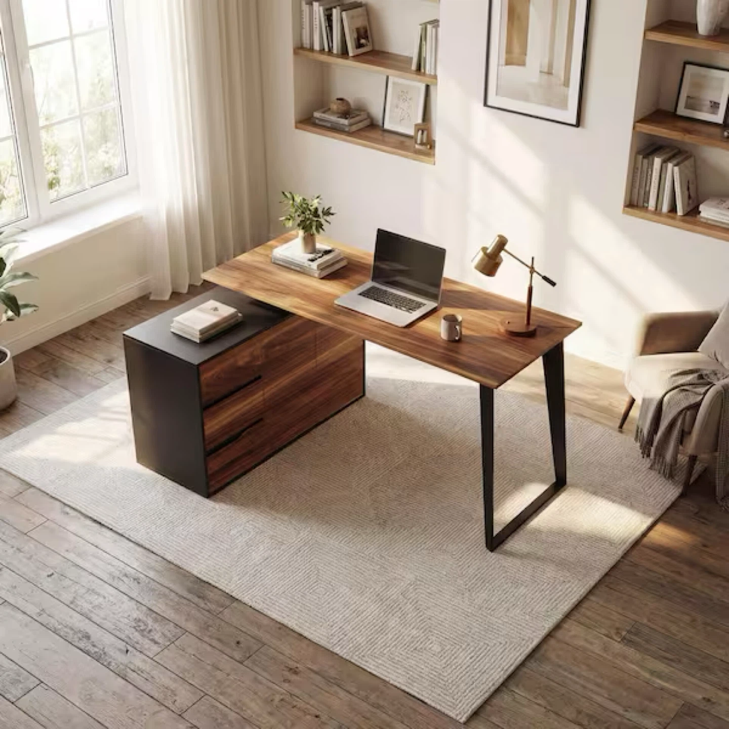 Modern L-Shaped Walnut and Black Desk with Drawers - photo 5