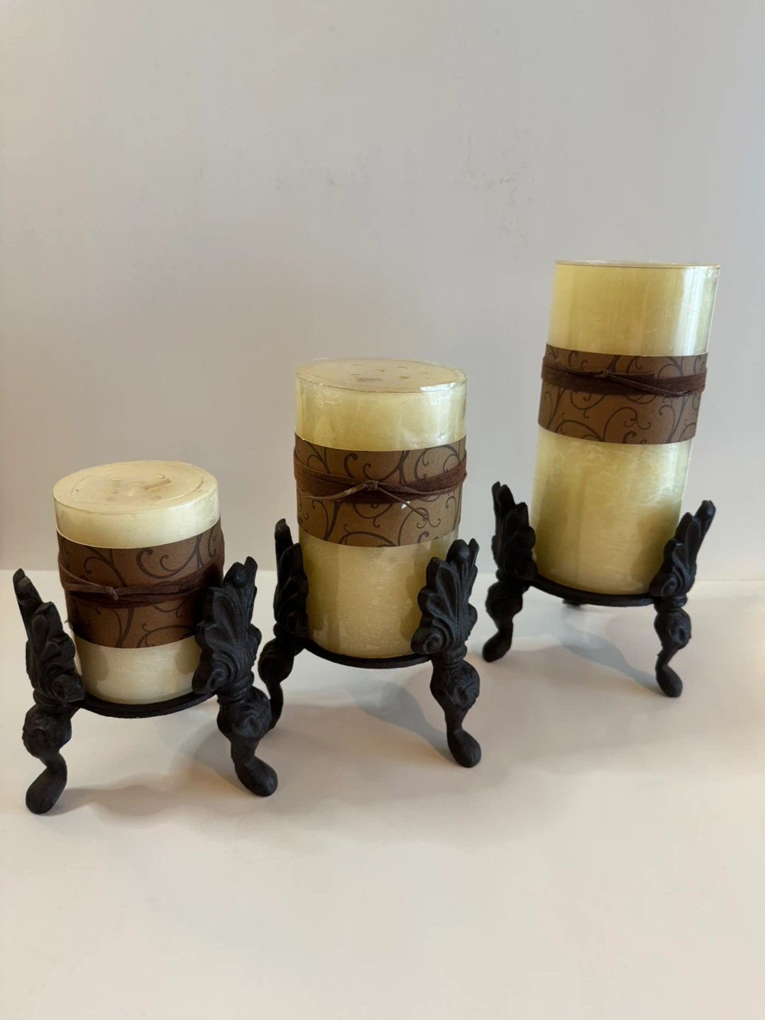 Set of 3 Pillar Candles with Decorative Stands
