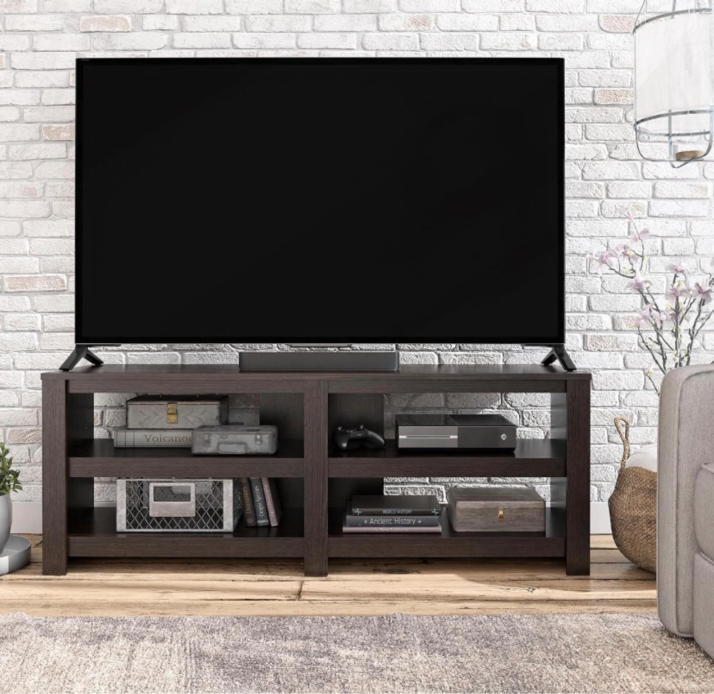 Dark Wood TV Stand with Open Shelves
