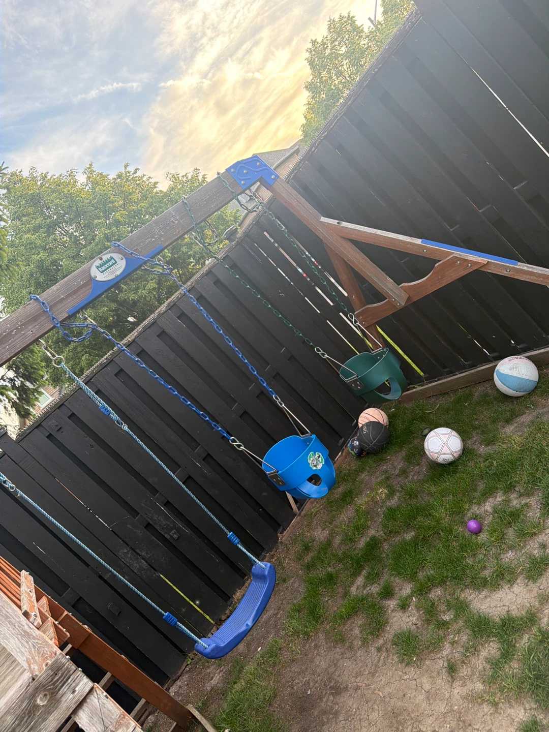 Wooden Swing Set with Slide and Climbing Wall