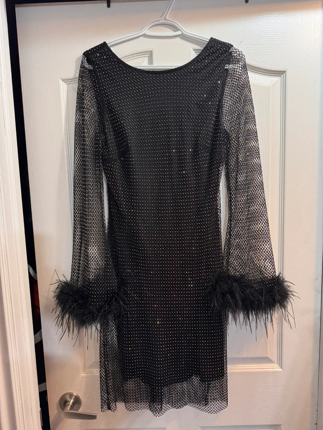 Black Mesh Rhinestone Feather Trim Dress M/M