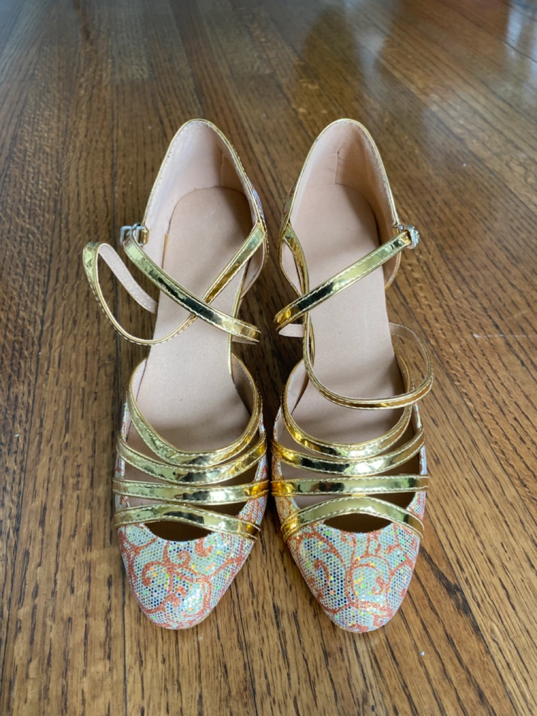Gold & Patterned Dance Heels Size US6