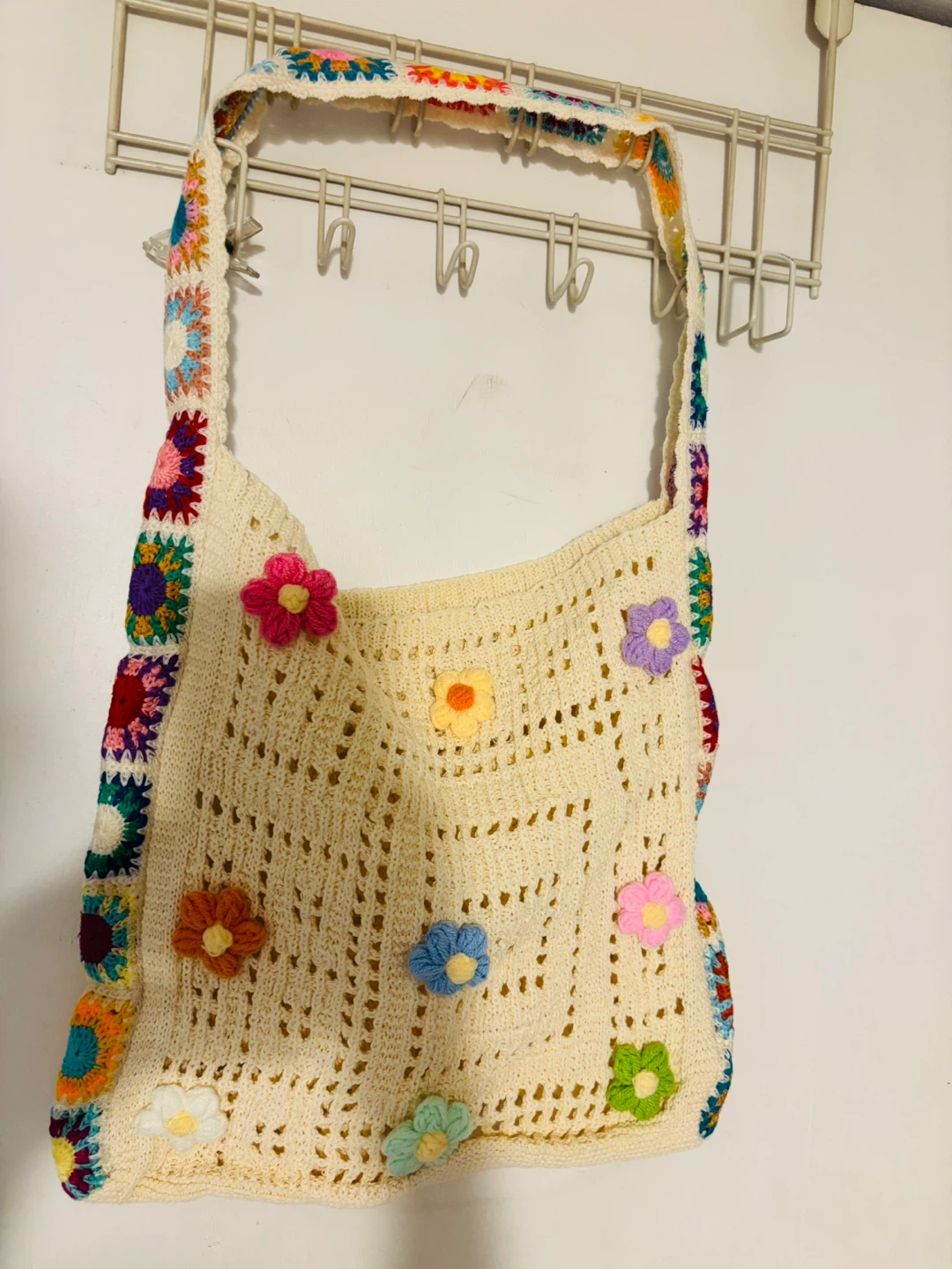 Cream Crochet Bag with Colorful Flower Appliques