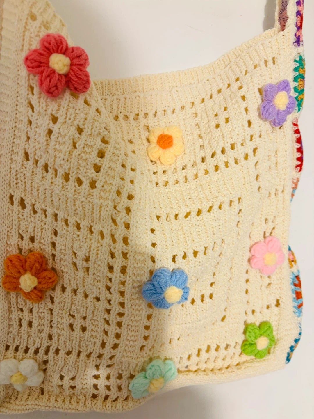 Cream Crochet Bag with Colorful Flower Appliques - photo 2