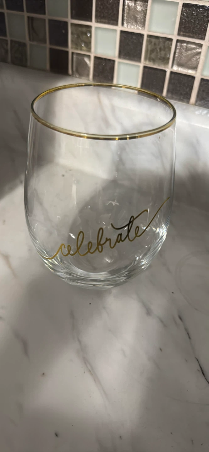 Clear Stemless Wine Glass with "Celebrate" Text