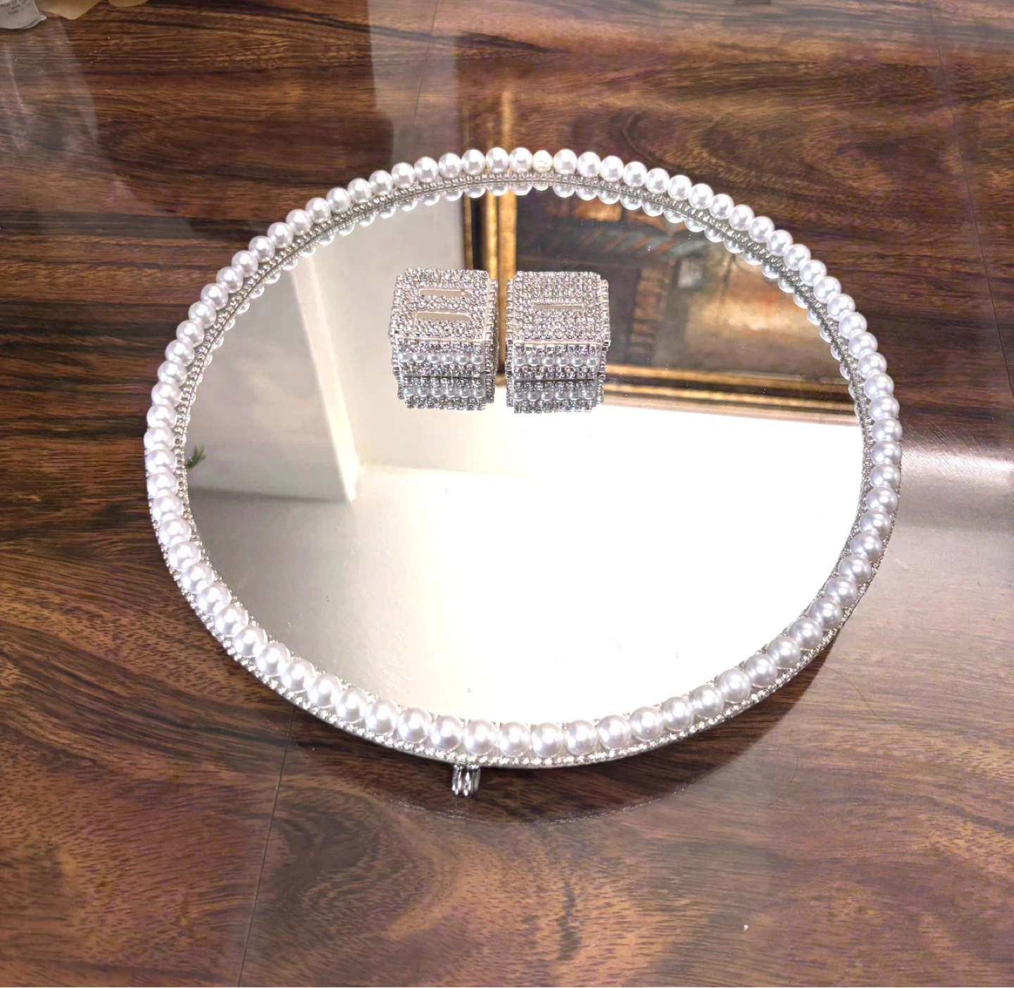 Round mirror tray with faux pearl and silver rhinestones