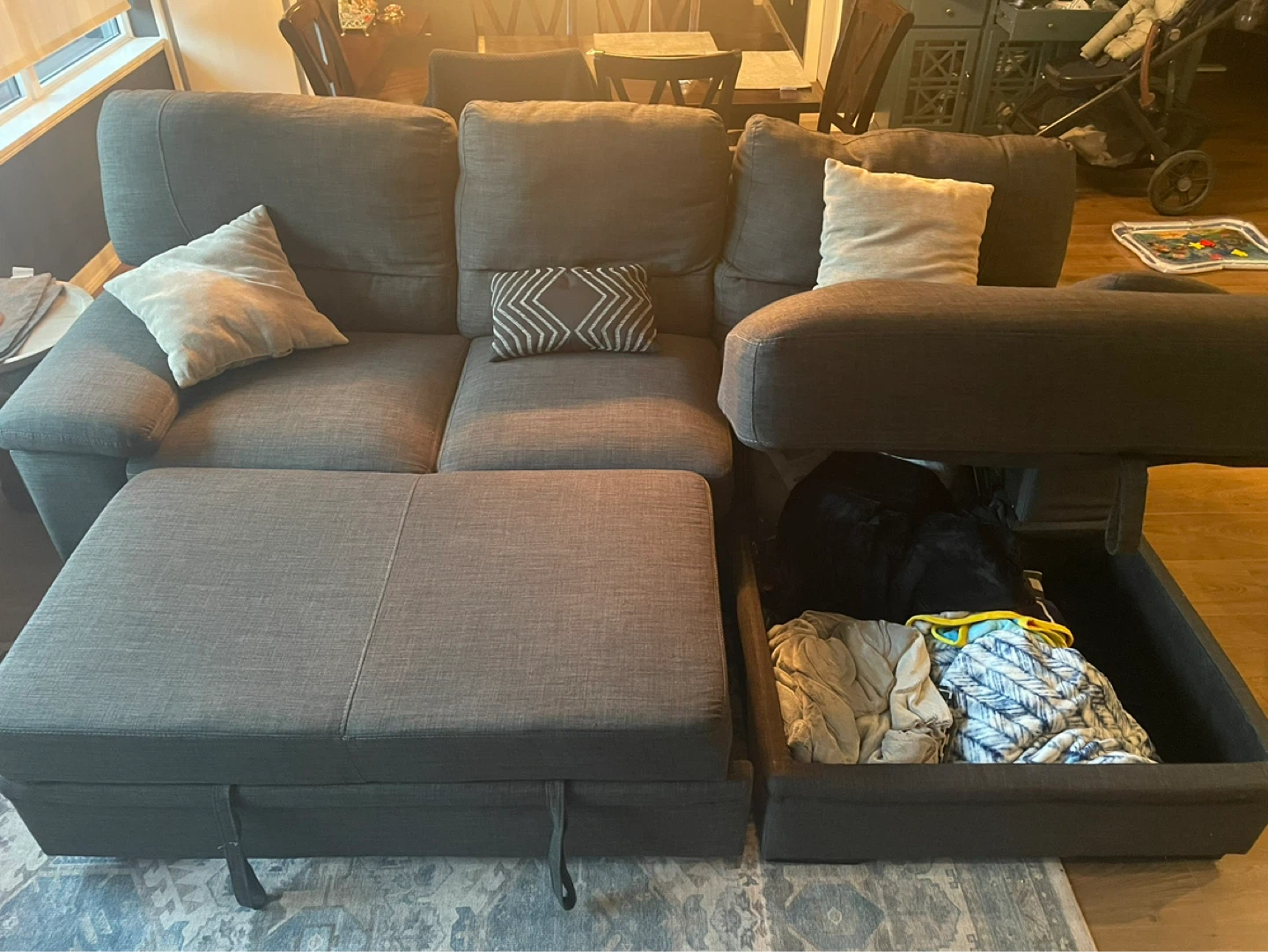 Modern Grey Sectional Sofa with Pull-Out Bed + Storage Chaise