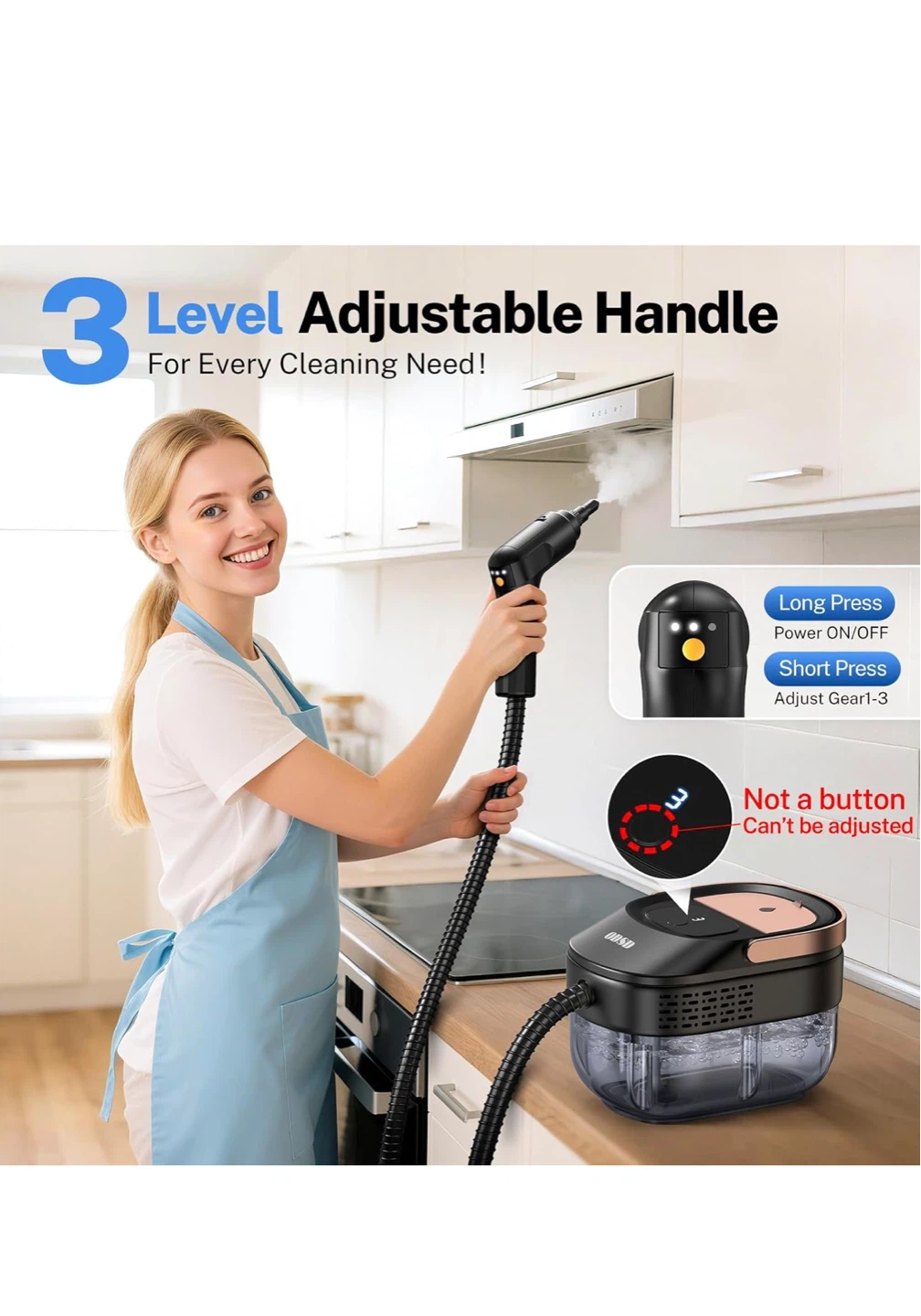 ODSO Steam Cleaner with 3 Level Adjustable Handle
