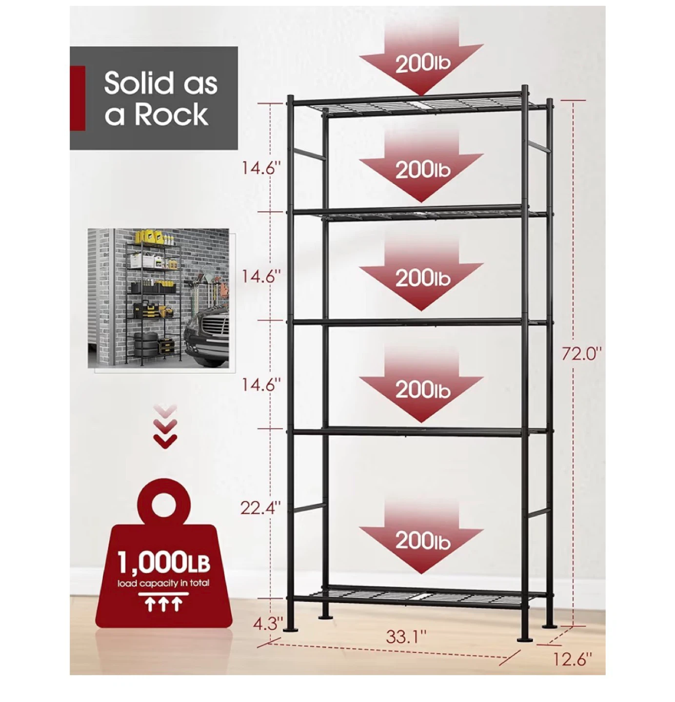 Sakugi 5-Tier Heavy Duty Black Metal Shelving Unit - photo 2