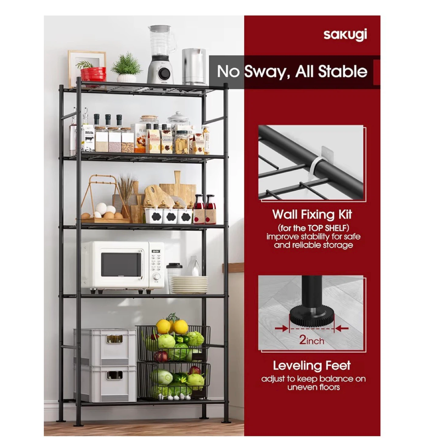Sakugi 5-Tier Heavy Duty Black Metal Shelving Unit - photo 5