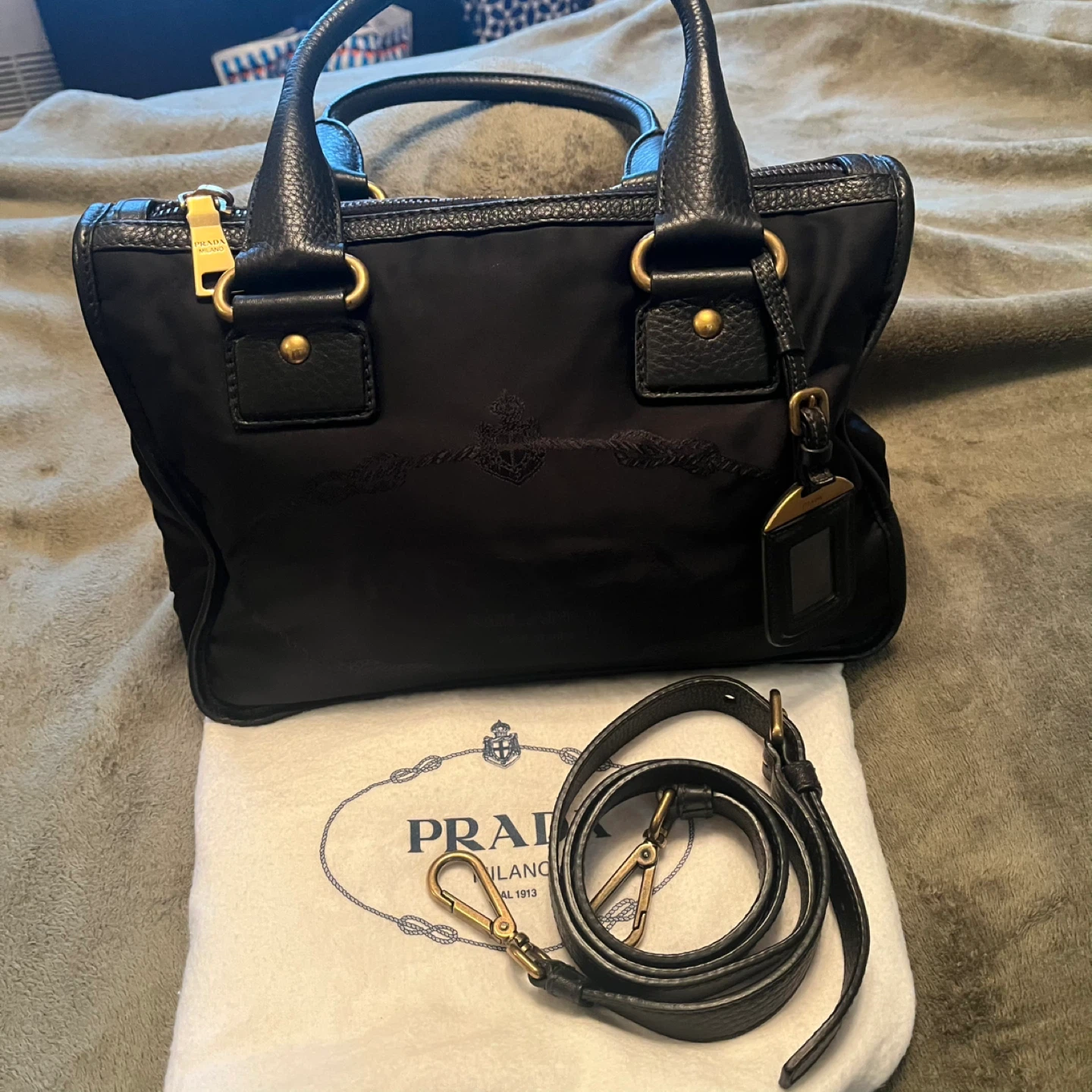 Prada Black Nylon Leather Satchel Bag